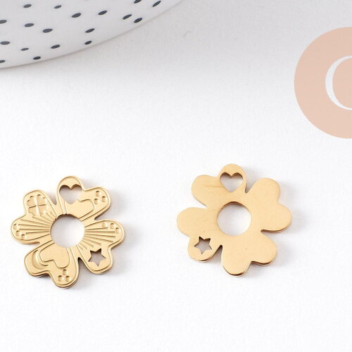 Pendentif trèfle 4 feuilles acier 316 inoxydable doré ip 17mm, un bijou chance, x1 (g10507)