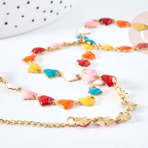 Collier chaine coeur acier doré 304 inoxydable émaillé multicolore 45mm, idée cadeau anniversaire fête des mères femme x1 g8622