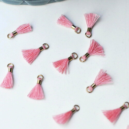 Pompon rose corail polyestère support doré, pompon boucles,fabrication bijoux bohème,10-16mm, x10 g4261