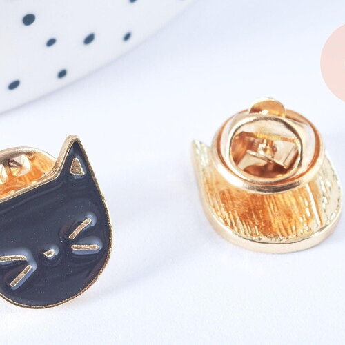 Broche pins chat noir doré émail 14mm, x1 (g6627)