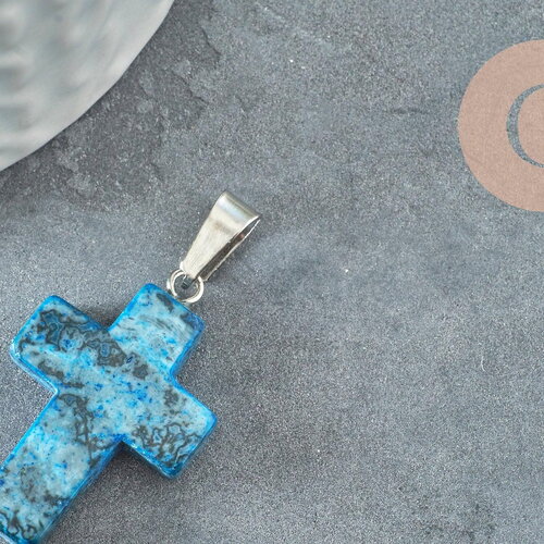 Pendentif croix agate naturelle bleu acier inoxydable 29mm,pendentif pierre, support argent, création bijoux,agate naturelle, x1 g0500