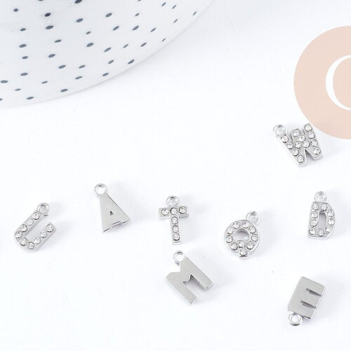 Pendentif lettre acier 304 inoxydable argenté lettre cristal blanc 10mm, initiale prenom, x1 g8932