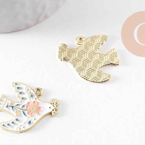 Pendentif colombe blanc à fleurs zamac doré 26mm, x2 (g10041)