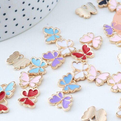 Pendentif papillon doré émail multicolore 10.5mm,pendentif doré pour création de bijoux x5 g6835