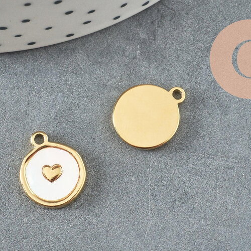 Pendentif médaille rond coeur émail blanc acier 304 doré 14k inoxydable ip, pendentif acier amour x1 g9657