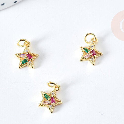 Pendentif étoile laiton doré 18k cristal zircon multicolore 12mm, pendentif doré pour création bijou porte-bonheur, x1 g8579
