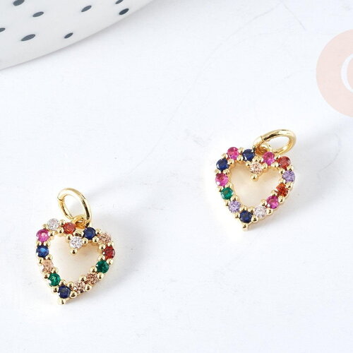 Pendentif coeur doré cristal zircons multicolores 10.5mm, pendentif laiton doré amour création bijoux, x1 g8519