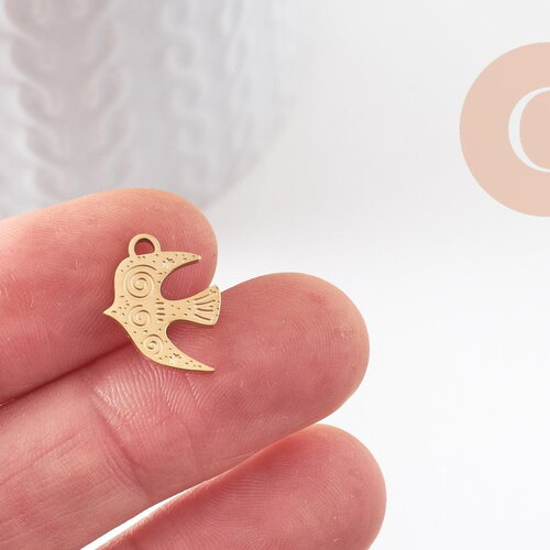 Pendentif oiseau hirondelle gravé acier 304 inoxydable ip doré 15mm, x1 (g9939)