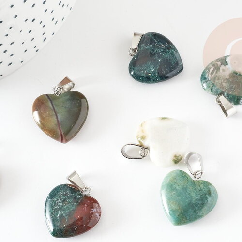 Pendentif coeur agate indienne naturelle laiton platine 22mm, pendentif pour création bijou amour x1 g9261