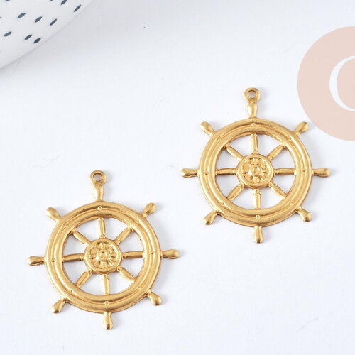 Pendentif roue bateau laiton brut 25mm, fourniture bijoux fantaisie thème marin x1 g8203