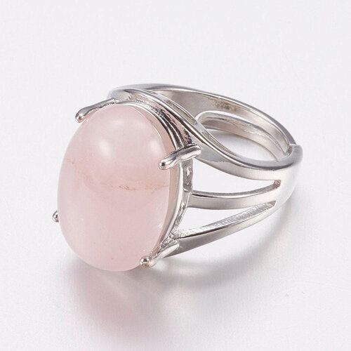 Bague réglable zamac argenté quartz rose 18mm,x1 (g5903)