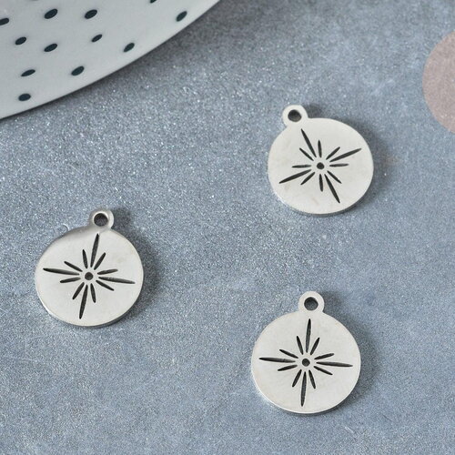 Pendentif rond étoile acier platine 304 inoxydable 14mm, création bijoux acier inoxydable x1 g8013