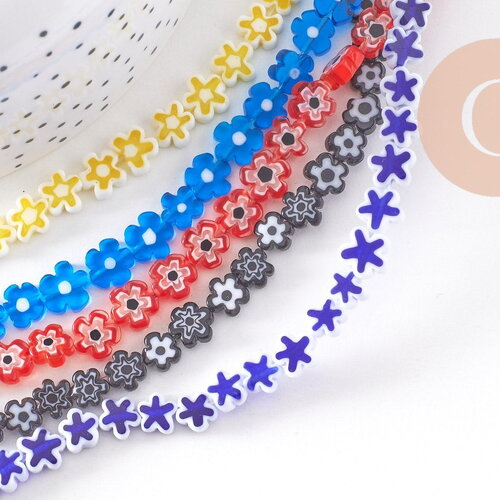 Perles fleurs verre millefiori artisanal 6.5-9mm, x1 fil de 40cm (g10493)
