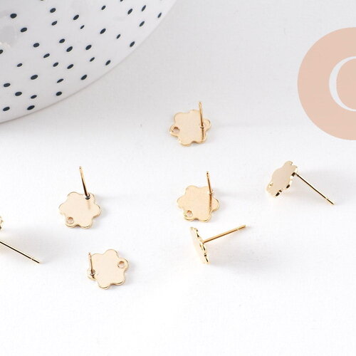 Clous-puces oreille fleur acier 201/316 inoxydable dore 24k lisse 1 trou 9mm, x2 (g10487)
