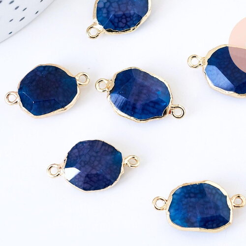 Pendentif connecteur agate bleu à facettes doré 25mm,pendentif agate naturelle,pendentif pierre, x1 g5708