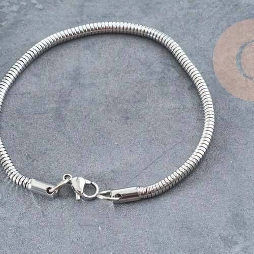 Bracelet chaine ronde serpent acier 304 inoxydable argenté 190x3mm, x1 (g9041)
