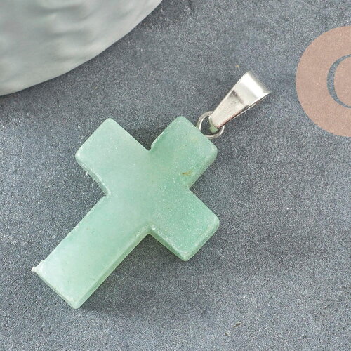 Pendentif croix aventurine naturelle verte acier inoxydable 29mm,pendentif pierre, support argent, pierre naturelle, x1 g2544