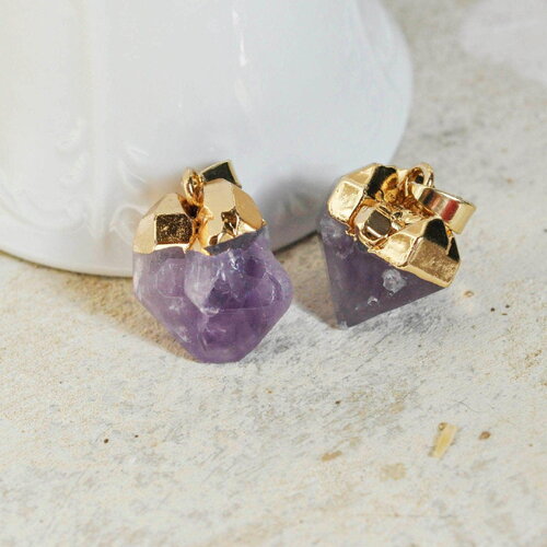 Pendentif améthyste violette brute, fournitures créatives, pendentif pierre, support doré, création bijoux, pierre naturelle, 25mm, x1, g249