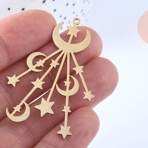 Pendentif acier doré lunes et étoiles 53mm, breloque doré, acier inoxydable doré, pendentif sans nickel, x1 g6385
