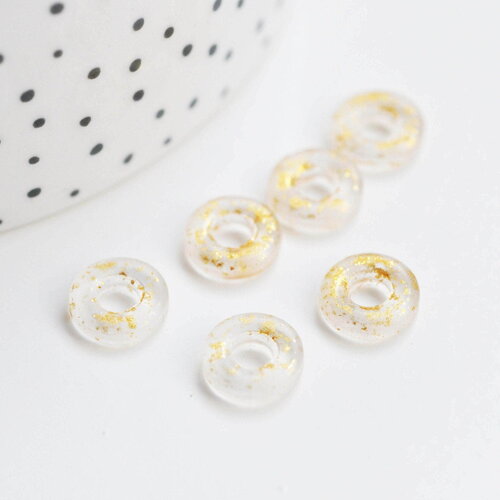 Pendentif donut verre transparent et feuille d'or, un pendentif rond verre pour vos créations de bijoux,15x3mm, x 10 (3.5g) g3299