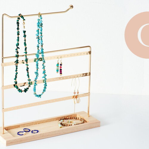 Présentoir à bijoux boucles d'oreilles laiton doré socle bois 30cm, présentoir bijoux, x1 (g9451)