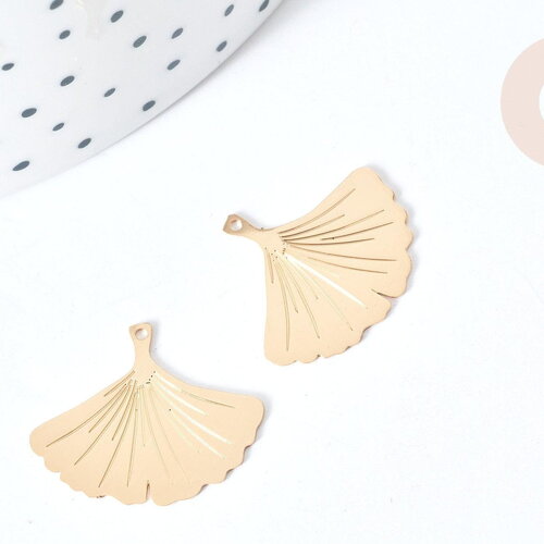 Pendentif feuille gingko laiton doré 22mm,sans nickel, création bijoux nature, x2 g8069