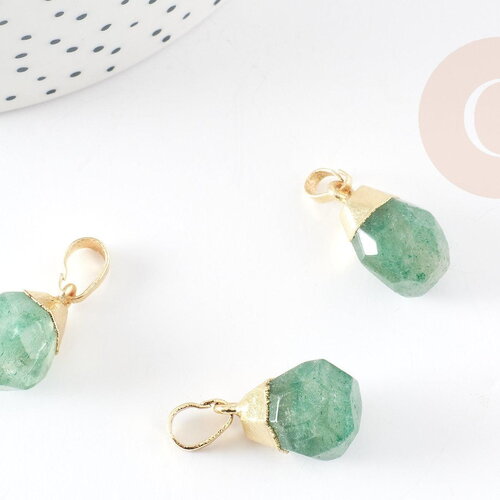 Pendentif goutte quartz fraise vert facetté doré, bijou pierre,pendentif pierre, quartz fraise naturel, bijoux pierre,19-21mm, x1 g4509