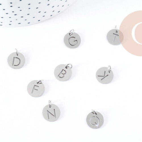 Pendentif lettre initiale acier 201 inoxydable argenté sans nickel 12mm, acier platine x1 (g8969)