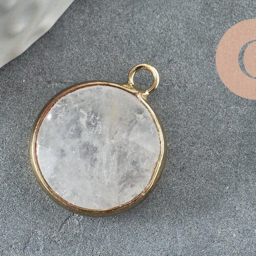 Pendentif rond cristal de roche naturel laiton doré 20mm, x1 (g1421)