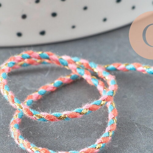 Cordon tressé rose bleu corail fil doré 2mm, x1 mètre (g5809)
