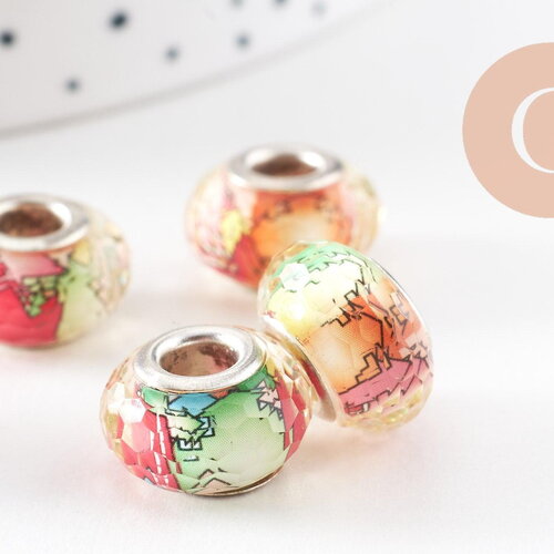 Perle résine rondelle facettée multicolore argent,des perles originales et transparentes pour création bijoux ,14mm, x1 (g4385)