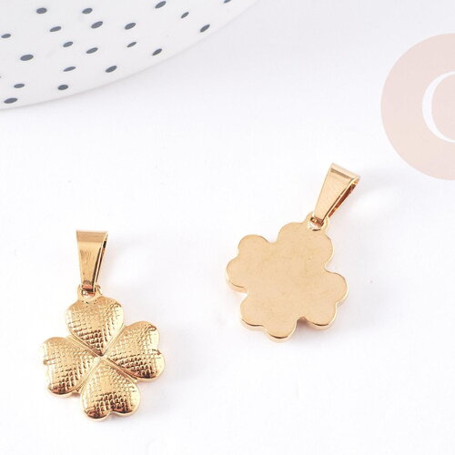 Pendentif médaille trèfle 4 feuilles acier doré 18mm, x1 (g2627)