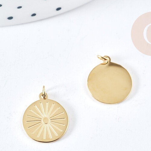 Pendentif rond soleil acier inoxydable 316l doré ip 14mm, x1 (g8741)