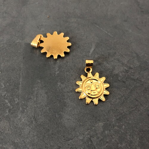 Pendentif soleil acier doré inoxydable, horoscope,porte-bonheur en acier doré, pendentif soleil,22mm, x1 (g5290)