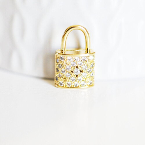 Breloque cadenas laiton doré 18k zircons 12.5mm, x1 (g2578)