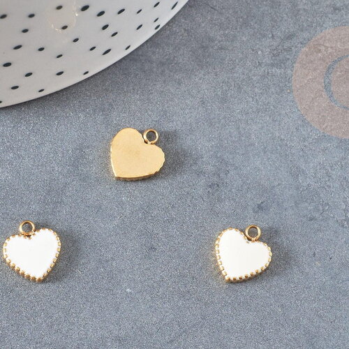 Pendentif médaille coeur acier 304 inoxydable doré émail blanc 11mm, x1 (g4884)