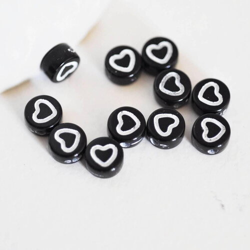 Perle ronde coeur blanc plastique noir,perle plastique,perle ronde lettre,création bijoux, x 10 grammes,g2490