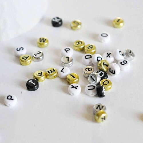 Perle ronde lettres alphabet doré noir blanc argent,perle plastique,perle lettre, x 10 grammes, x1 g1689