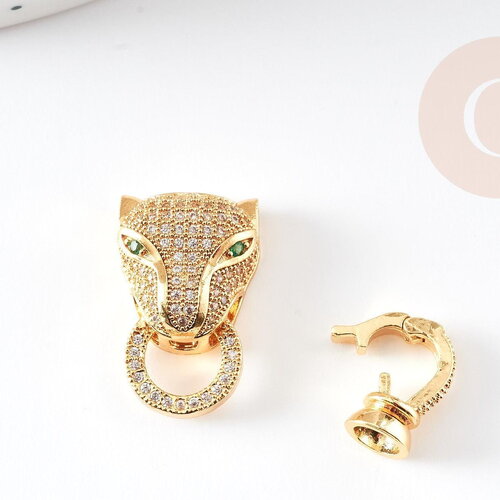 Fermoir à clipser léopard laiton doré et strass 31mm, x1 (g4066)