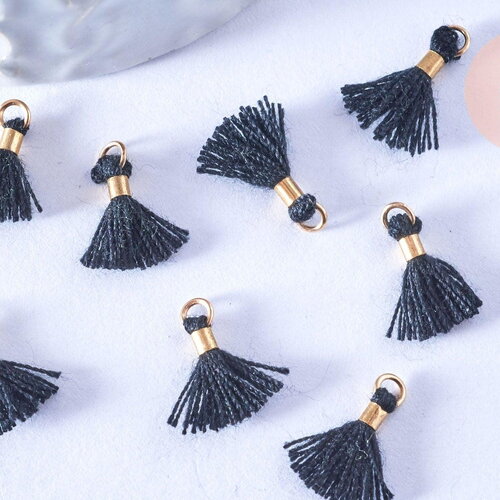 Pompon noir polyestère support doré,décoration pompon, pompon boucles, 10-15mm, x10 g5566
