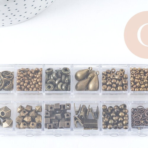 Boite kit mix de 12 types de fournitures et perles zamac laiton bronze, x1 (g8845)