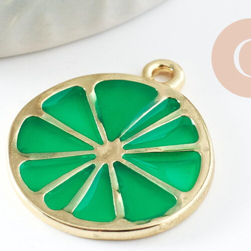 Pendentif citron agrume en zamac doré vert 26.5mm, x2 (g5303)