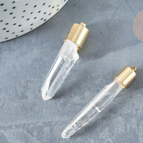 Pendentif cristal de roche naturel transparent laiton doré 16k, pierre brute, x1 (g8232)
