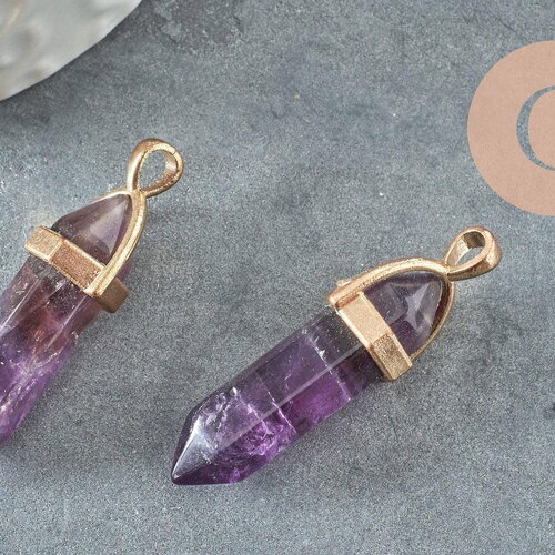 Pendentif pointe charoite violette naturelle zamac doré 39mm, x1 (g1389)