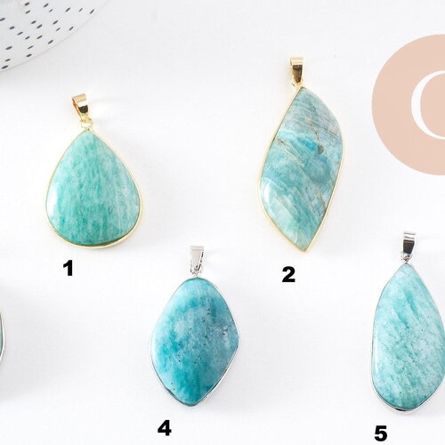 Pendentif feuille amazonite naturelle laiton platine ou doré 34-46mm, x1 (g10267)
