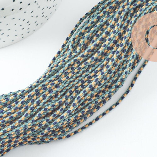 Cordon tressé bleu beige turquoise 2mm, x1 mètre (g10003)