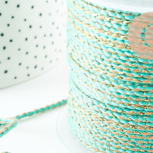 Cordon tressé vert jaune turquoise or 1.5mm x1 mètre g9731