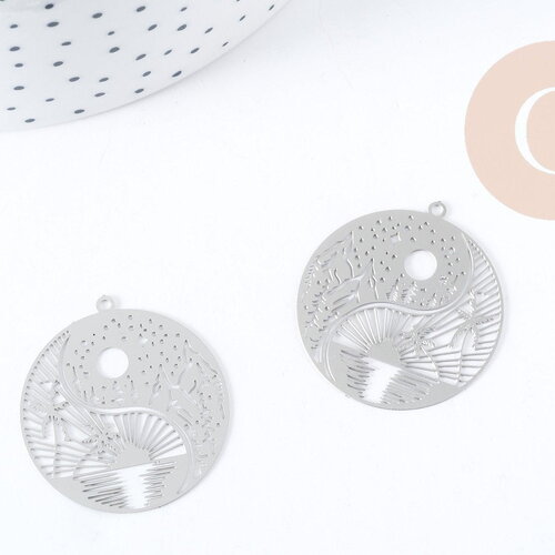 Pendentif estampe filigrane rond paysage acier 201 inoxydable argenté 32mm, pendentif très fin et léger x1, g8937