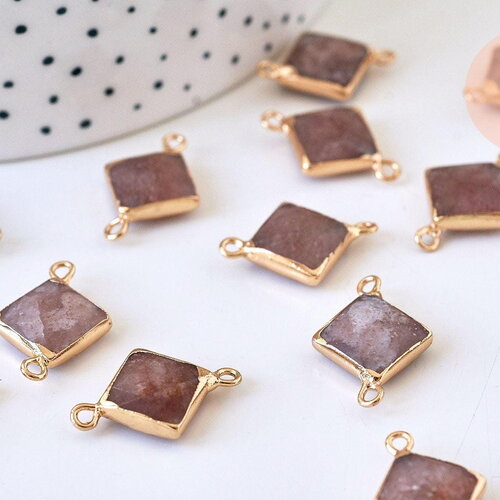 Pendentif connecteur losange quartz fraise naturel fer doré 22mm, x1 (g5589)