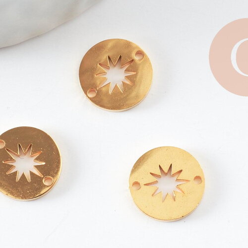 Pendentif connecteur rond acier 304 inoxydable doré soleil évidé 10mm, x1 (g9982)